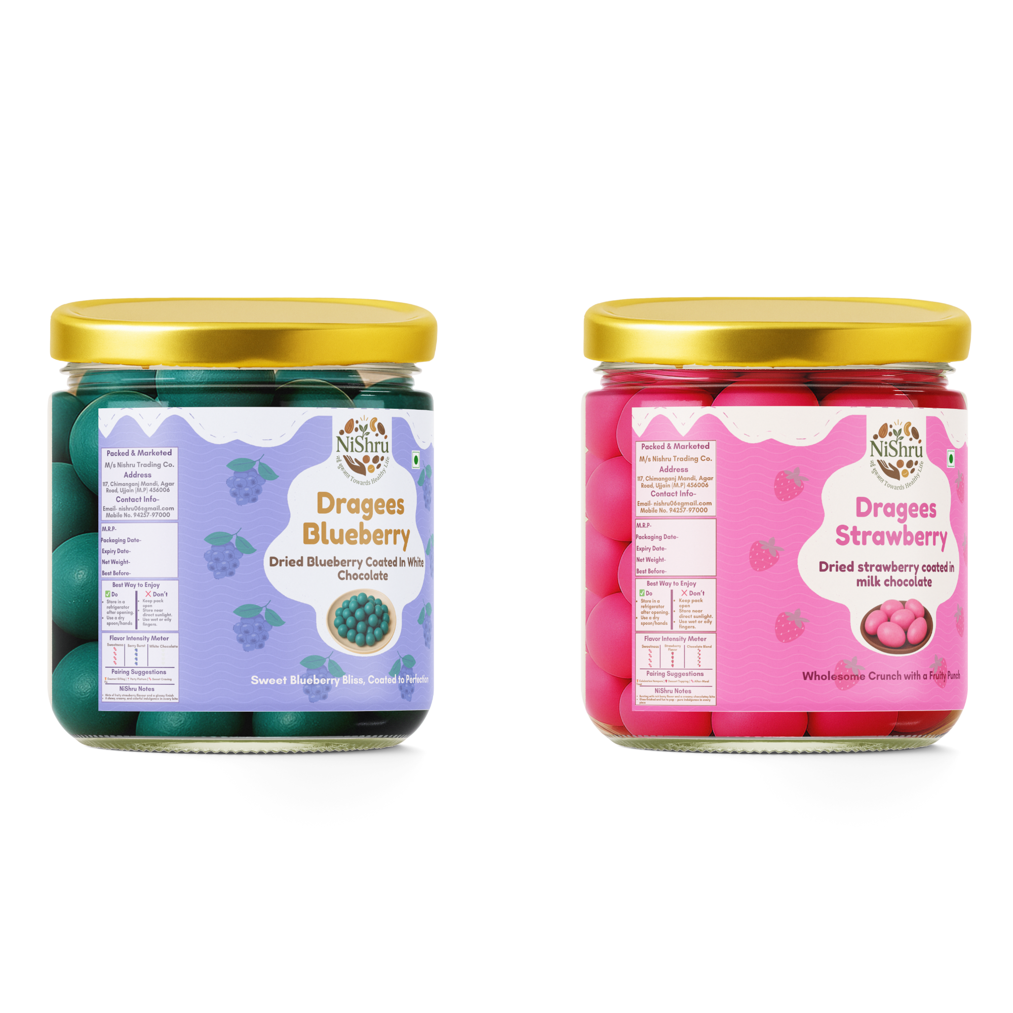 NiShru Blueberry & Strawberry Dragees – Premium Chocolate-Coated Almond Dragees Combo | Sweet Crunchy Dry Fruit Gift Snack Pack | 150g × 2 (300g Total)