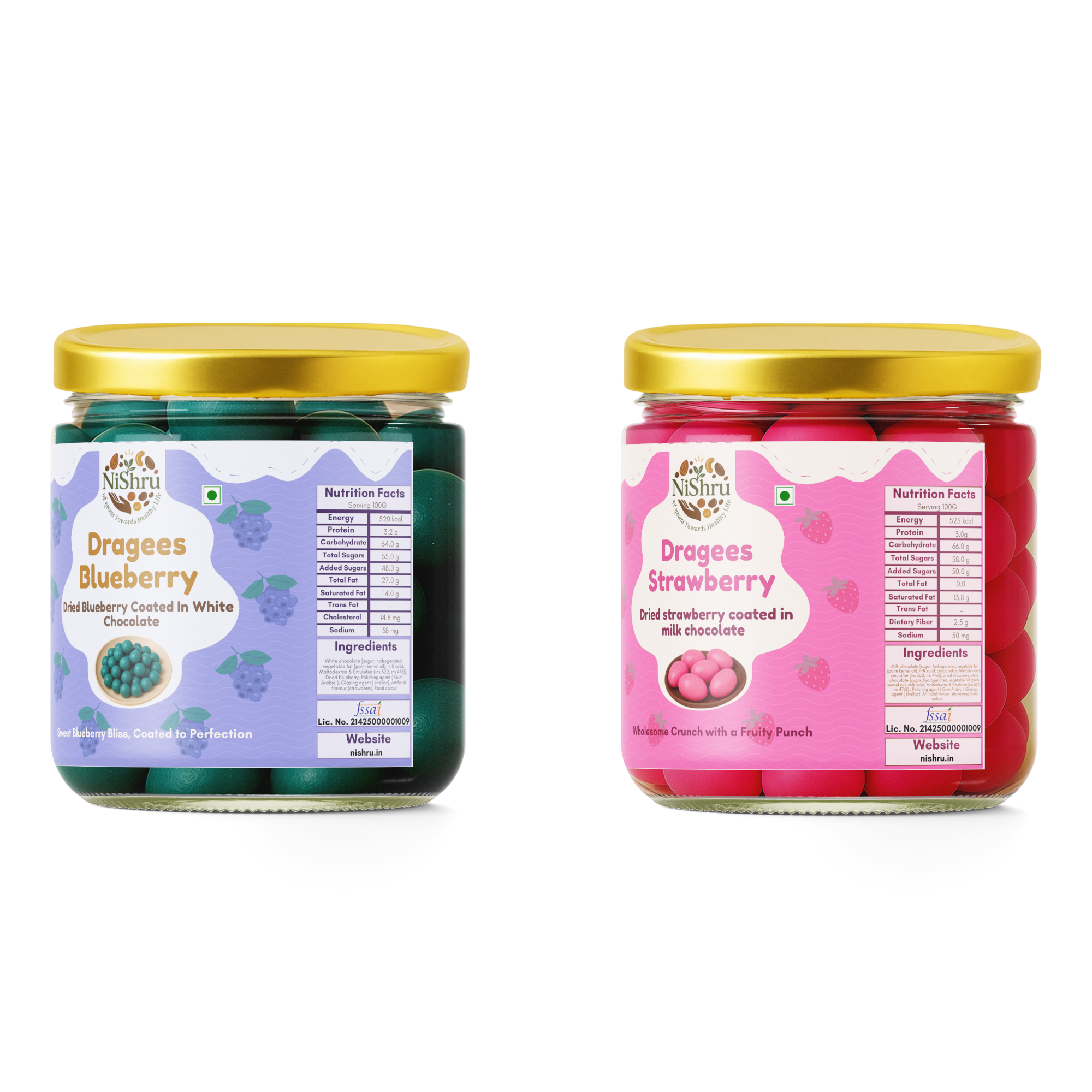NiShru Blueberry & Strawberry Dragees – Premium Chocolate-Coated Almond Dragees Combo | Sweet Crunchy Dry Fruit Gift Snack Pack | 150g × 2 (300g Total)
