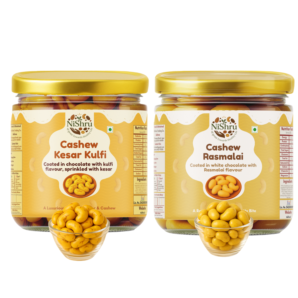 NiShru Cashew Kesar Kulfi & Cashew Rasmalai – Premium Chocolate-Coated Festive Dessert Flavoured Cashews | Royal Sweet Nut Snack Gift Pack | 150g × 2 (300g Total)