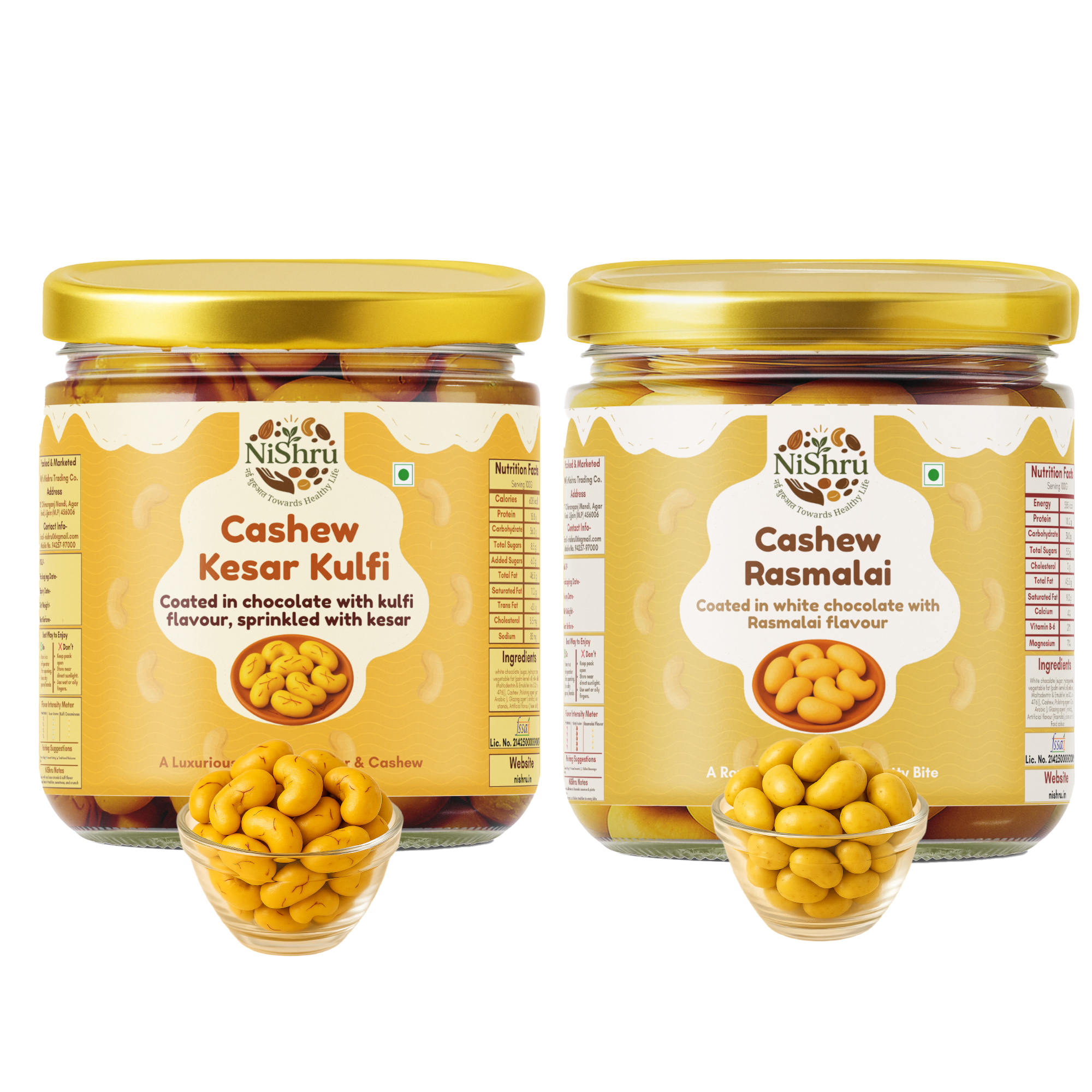 NiShru Cashew Kesar Kulfi & Cashew Rasmalai – Premium Chocolate-Coated Festive Dessert Flavoured Cashews | Royal Sweet Nut Snack Gift Pack | 150g × 2 (300g Total)