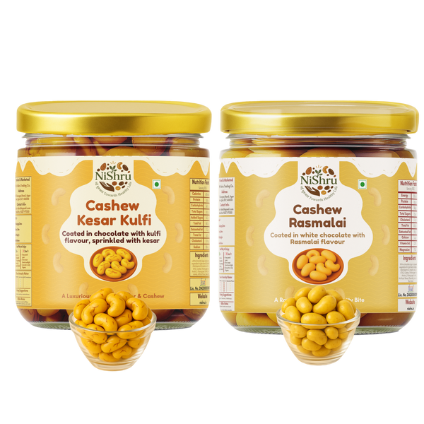 NiShru Cashew Kesar Kulfi & Cashew Rasmalai – Premium Chocolate-Coated Festive Dessert Flavoured Cashews | Royal Sweet Nut Snack Gift Pack | 150g × 2 (300g Total)
                  loading=