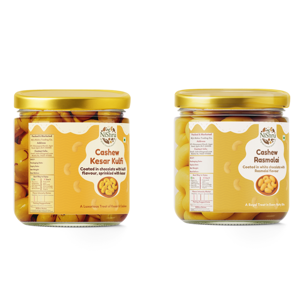 NiShru Cashew Kesar Kulfi & Cashew Rasmalai – Premium Chocolate-Coated Festive Dessert Flavoured Cashews | Royal Sweet Nut Snack Gift Pack | 150g × 2 (300g Total)