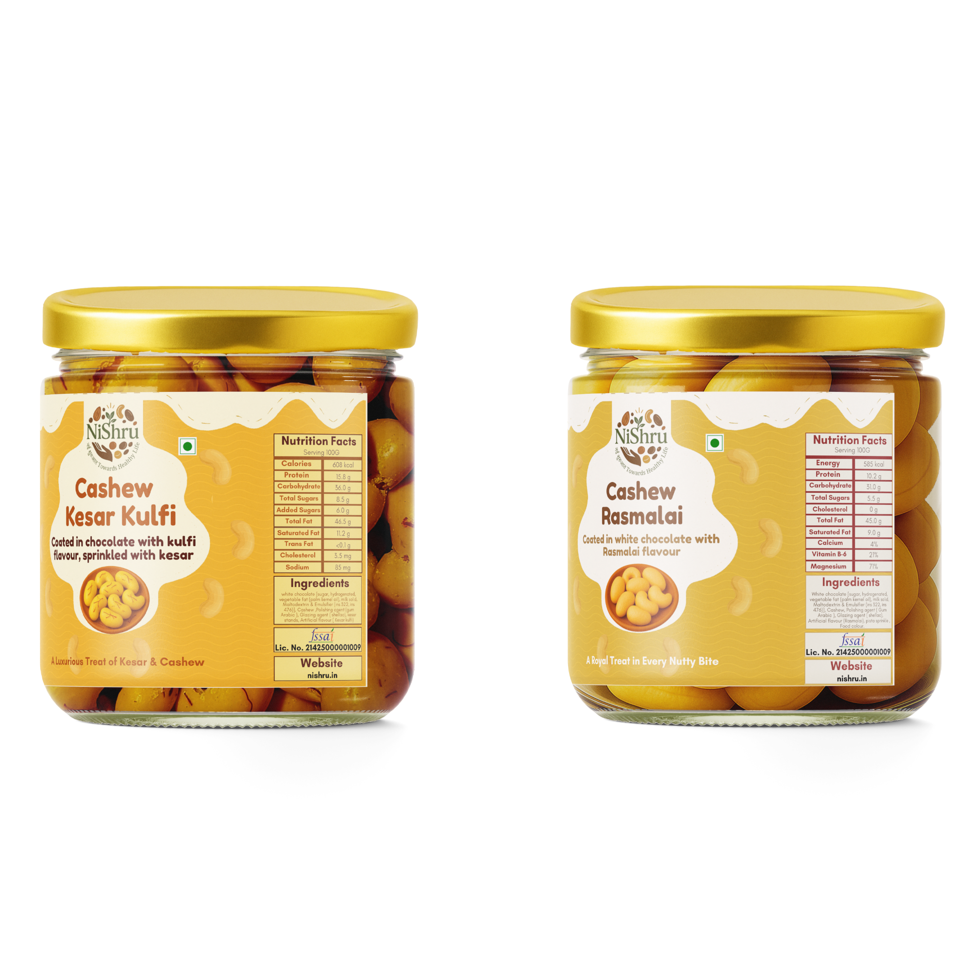 NiShru Cashew Kesar Kulfi & Cashew Rasmalai – Premium Chocolate-Coated Festive Dessert Flavoured Cashews | Royal Sweet Nut Snack Gift Pack | 150g × 2 (300g Total)