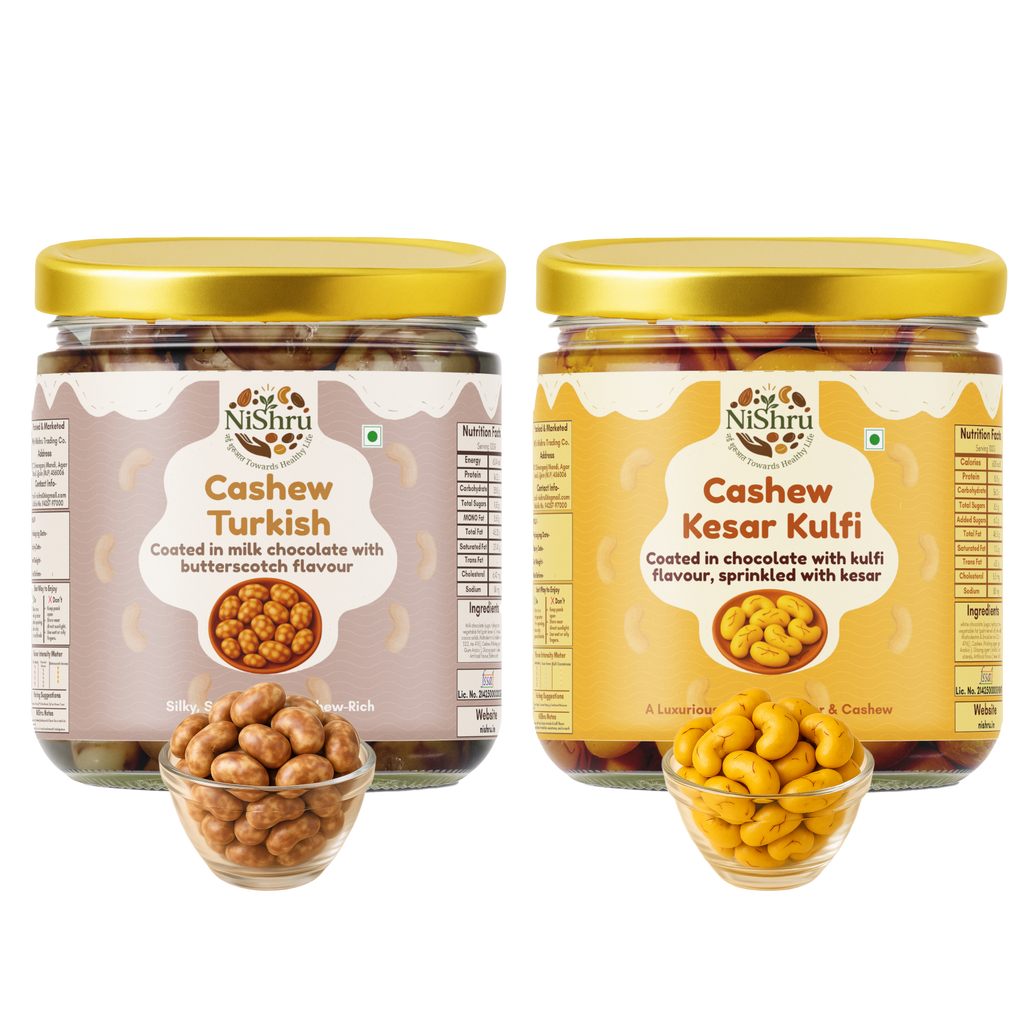 NiShru Cashew Kesar Kulfi & Cashew Turkish – Premium Chocolate-Coated Festive Cashew Sweet Snack Combo | Royal & Exotic Flavours Gift Pack | 150g × 2 (300g Total)
