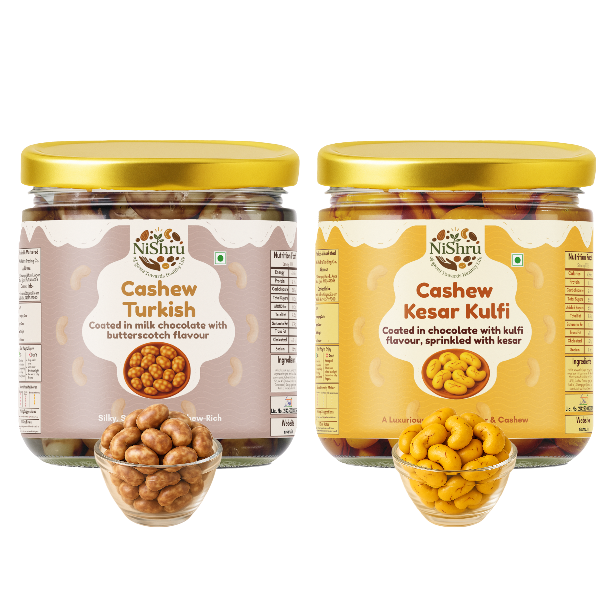 NiShru Cashew Kesar Kulfi & Cashew Turkish – Premium Chocolate-Coated Festive Cashew Sweet Snack Combo | Royal & Exotic Flavours Gift Pack | 150g × 2 (300g Total)