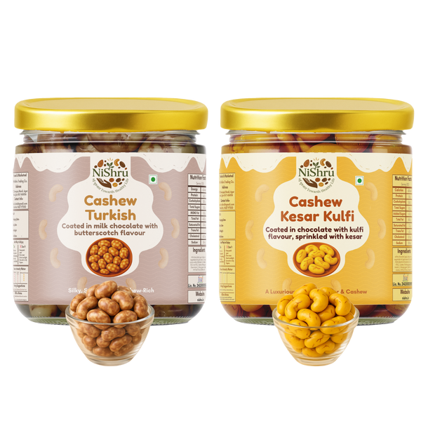 NiShru Cashew Kesar Kulfi & Cashew Turkish – Premium Chocolate-Coated Festive Cashew Sweet Snack Combo | Royal & Exotic Flavours Gift Pack | 150g × 2 (300g Total)
                  loading=