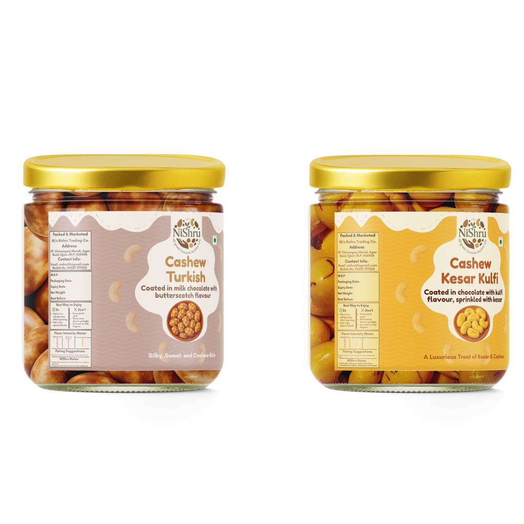 NiShru Cashew Kesar Kulfi & Cashew Turkish – Premium Chocolate-Coated Festive Cashew Sweet Snack Combo | Royal & Exotic Flavours Gift Pack | 150g × 2 (300g Total)