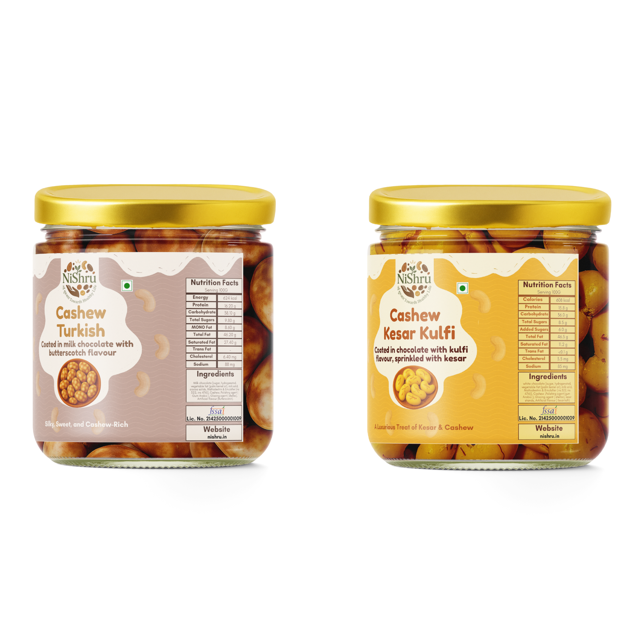 NiShru Cashew Kesar Kulfi & Cashew Turkish – Premium Chocolate-Coated Festive Cashew Sweet Snack Combo | Royal & Exotic Flavours Gift Pack | 150g × 2 (300g Total)