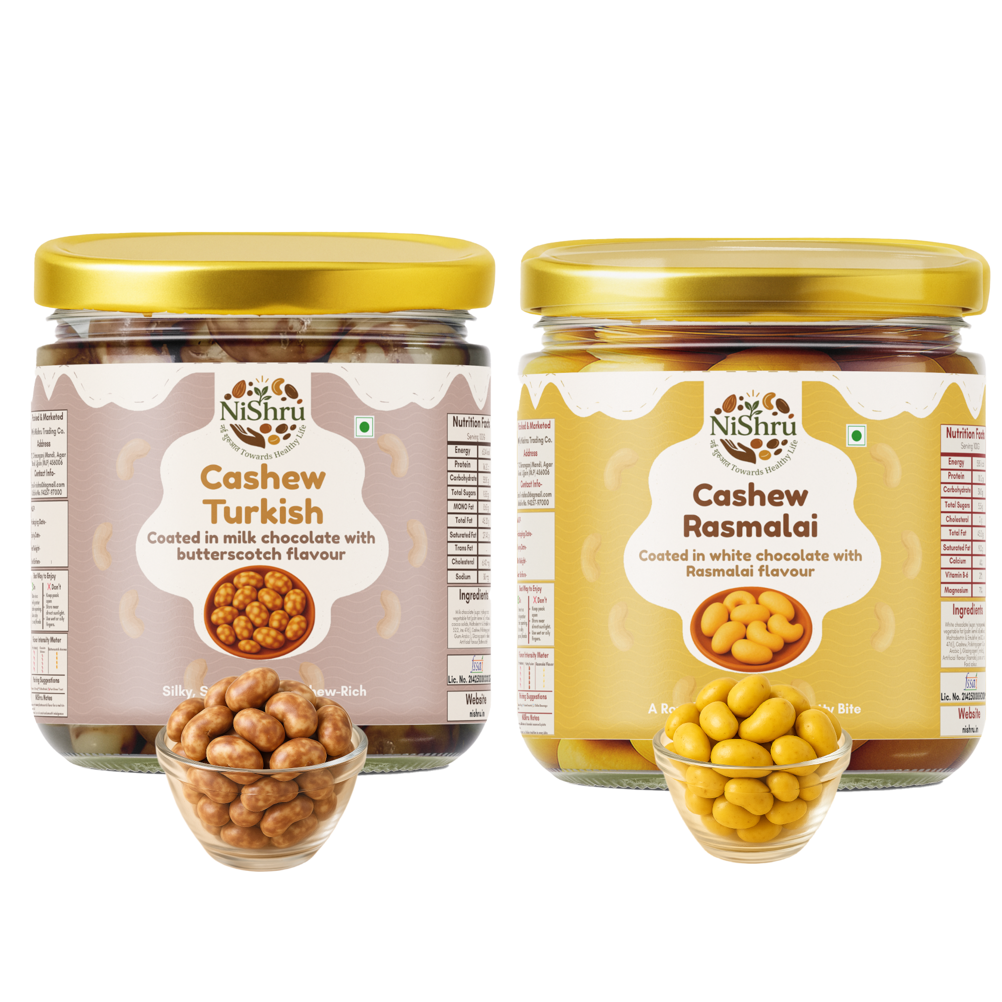 NiShru Cashew Rasmalai & Cashew Turkish – Premium Chocolate-Coated Cashew Sweet Snack Combo | Indian & Turkish Dessert Flavoured Nuts | Festive Gift Pack | 150g × 2 (300g Total)