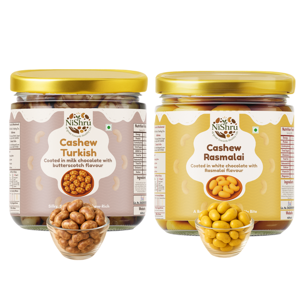 NiShru Cashew Rasmalai & Cashew Turkish – Premium Chocolate-Coated Cashew Sweet Snack Combo | Indian & Turkish Dessert Flavoured Nuts | Festive Gift Pack | 150g × 2 (300g Total)
                  loading=