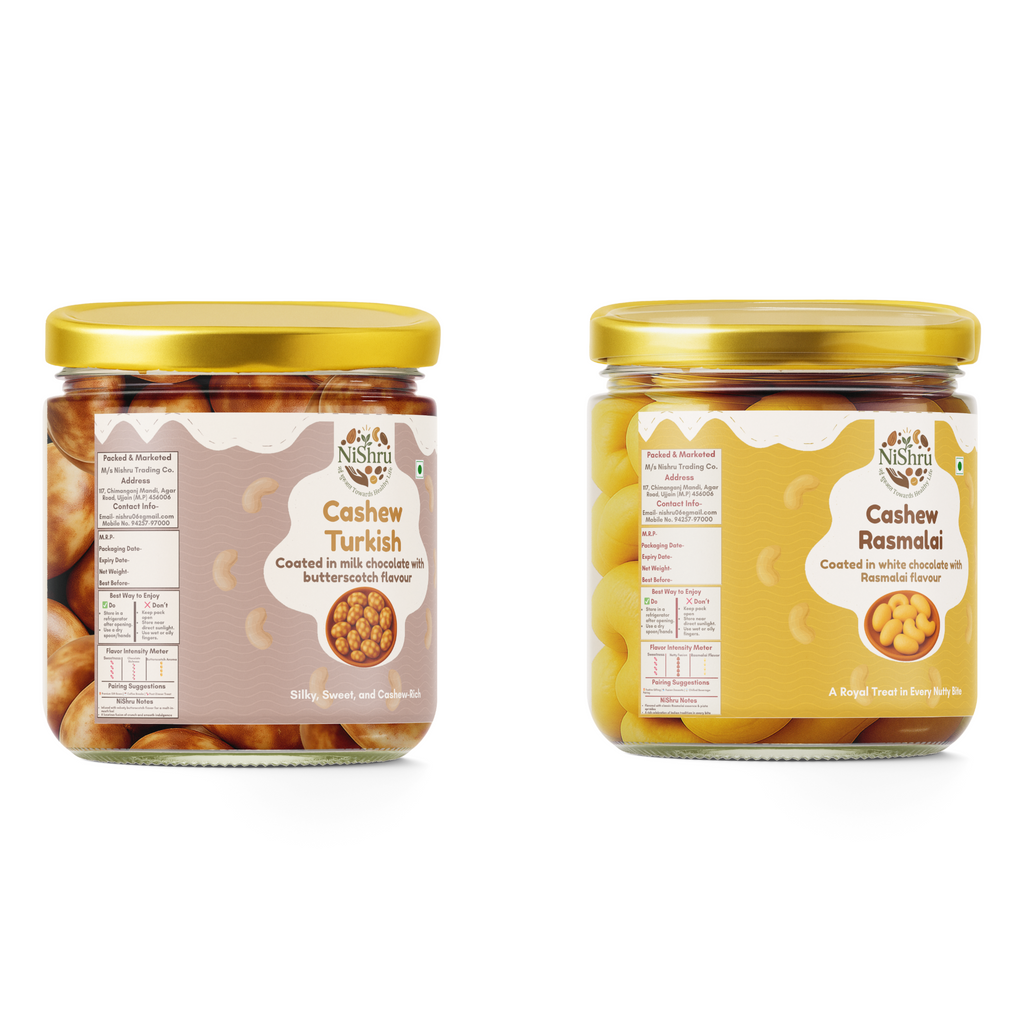 NiShru Cashew Rasmalai & Cashew Turkish – Premium Chocolate-Coated Cashew Sweet Snack Combo | Indian & Turkish Dessert Flavoured Nuts | Festive Gift Pack | 150g × 2 (300g Total)