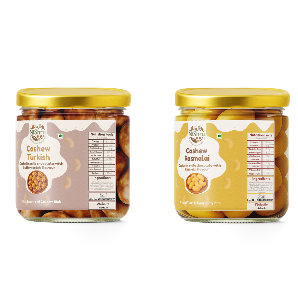 NiShru Cashew Rasmalai & Cashew Turkish – Premium Chocolate-Coated Cashew Sweet Snack Combo | Indian & Turkish Dessert Flavoured Nuts | Festive Gift Pack | 150g × 2 (300g Total)
