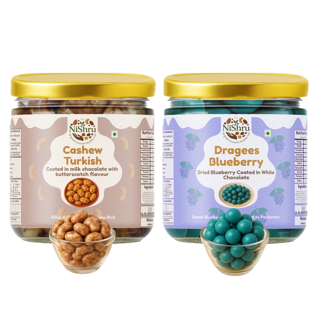 NiShru Cashew Turkish & Blueberry Dragees – Premium Chocolate-Coated Dry Fruit Sweet Snack Combo | Exotic Cashews & Fruity Almond Dragees Gift Pack | 150g × 2 (300g Total)