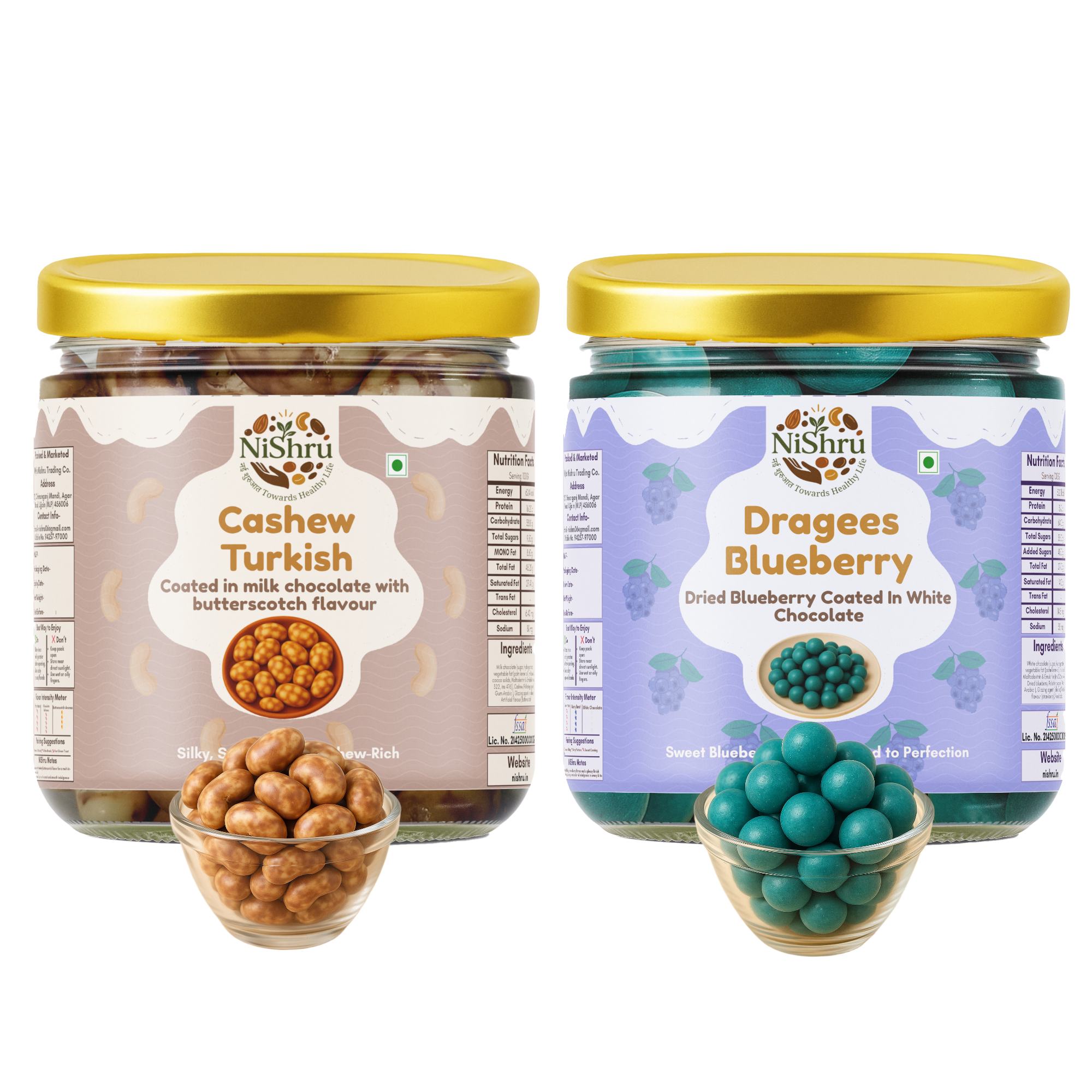 NiShru Cashew Turkish & Blueberry Dragees – Premium Chocolate-Coated Dry Fruit Sweet Snack Combo | Exotic Cashews & Fruity Almond Dragees Gift Pack | 150g × 2 (300g Total)