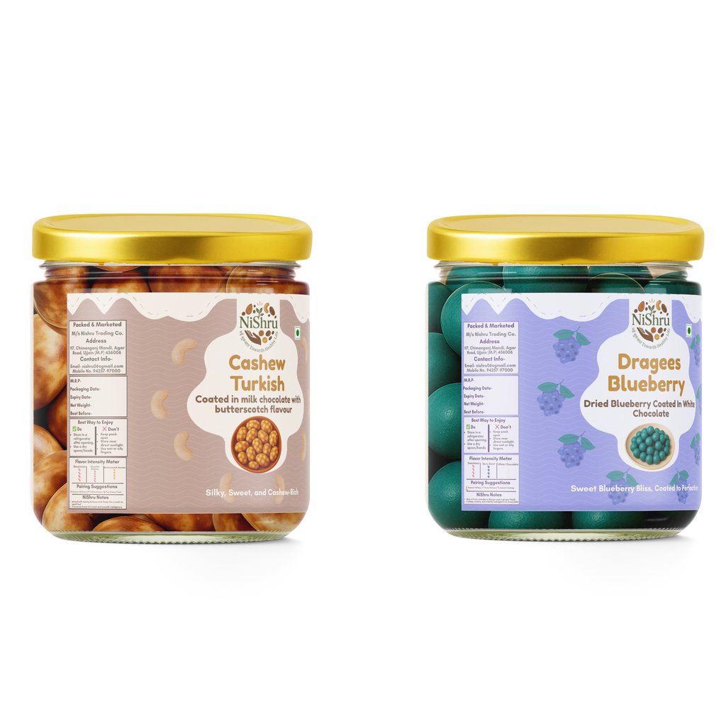NiShru Cashew Turkish & Blueberry Dragees – Premium Chocolate-Coated Dry Fruit Sweet Snack Combo | Exotic Cashews & Fruity Almond Dragees Gift Pack | 150g × 2 (300g Total)