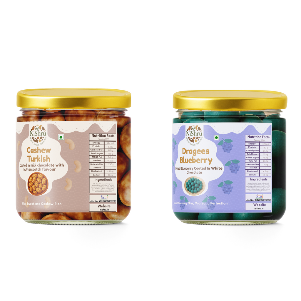 NiShru Cashew Turkish & Blueberry Dragees – Premium Chocolate-Coated Dry Fruit Sweet Snack Combo | Exotic Cashews & Fruity Almond Dragees Gift Pack | 150g × 2 (300g Total)