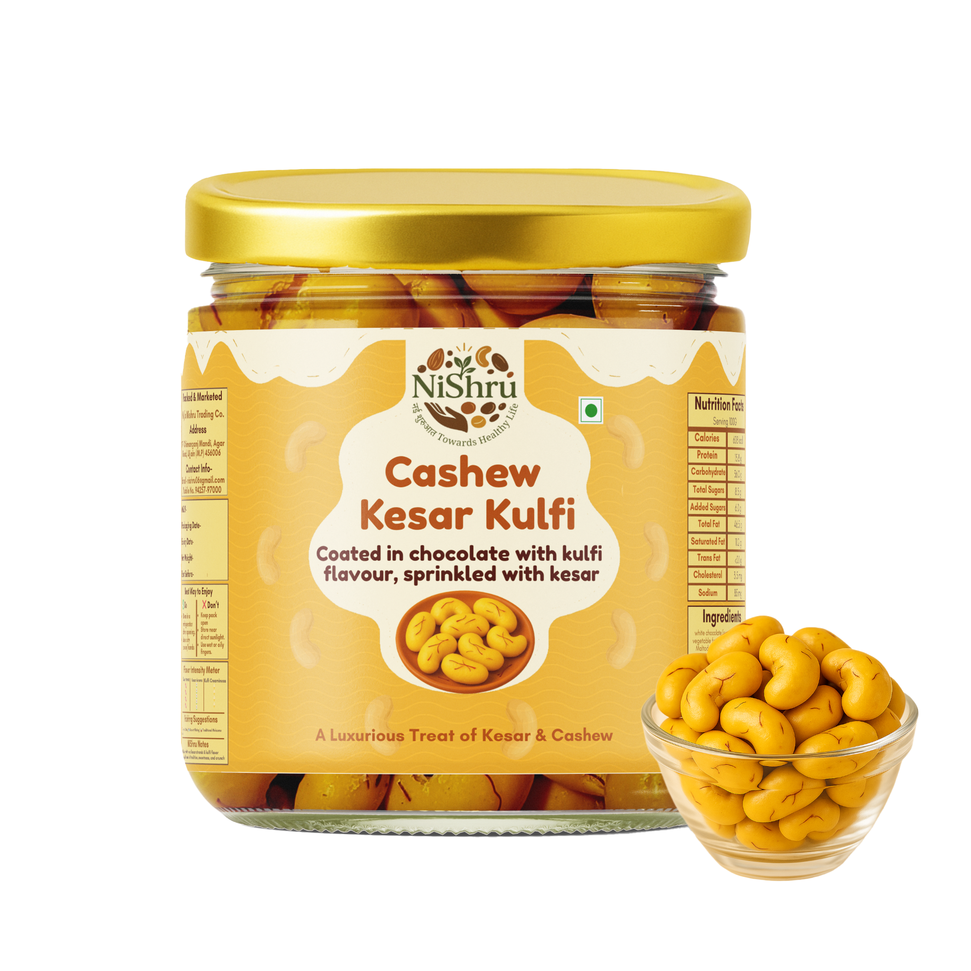 NiShru Cashew Kesar Kulfi – Chocolate Coated Premium Cashews | Rich Kulfi & Kesar Flavour Sweet Nut Snack