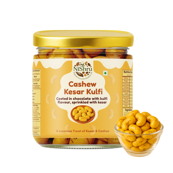 NiShru Cashew Kesar Kulfi – Chocolate Coated Premium Cashews | Rich Kulfi & Kesar Flavour Sweet Nut Snack
                  loading=