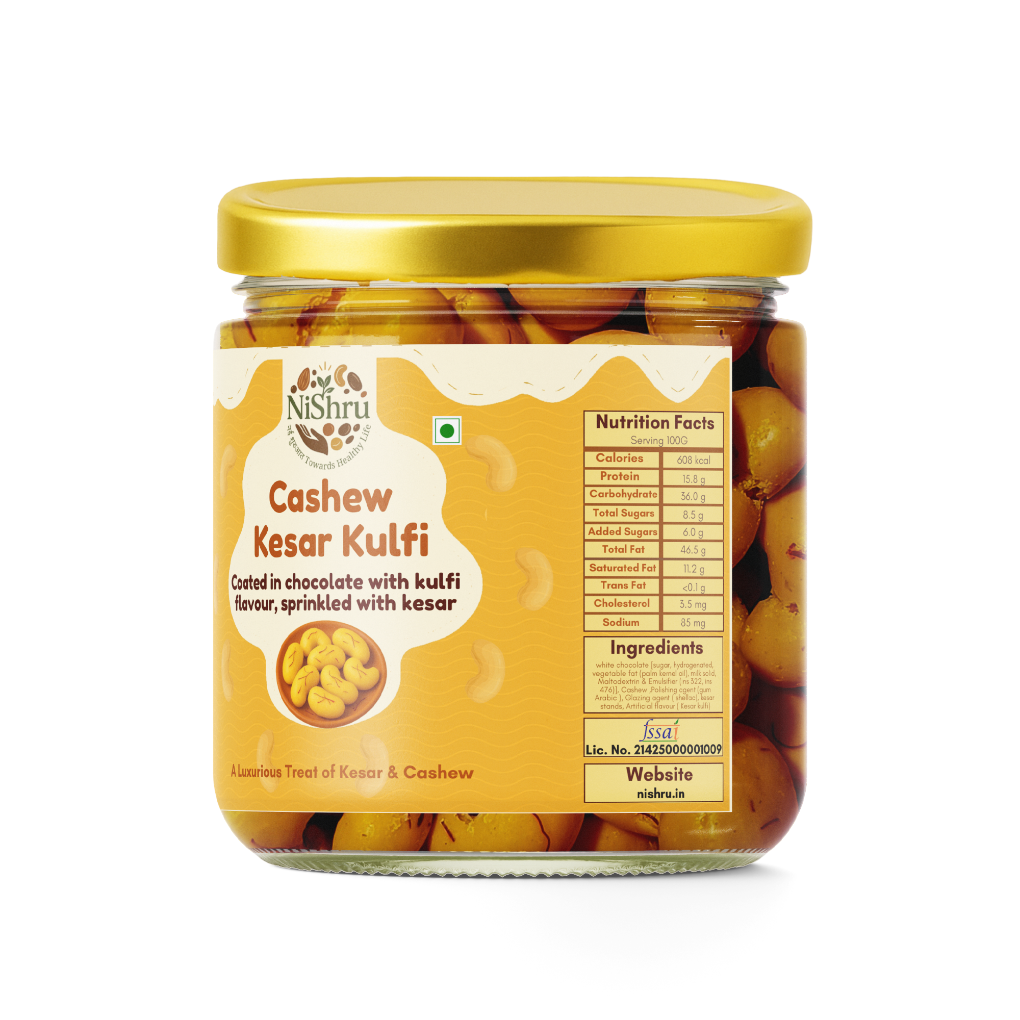 NiShru Cashew Kesar Kulfi – Chocolate Coated Premium Cashews | Rich Kulfi & Kesar Flavour Sweet Nut Snack