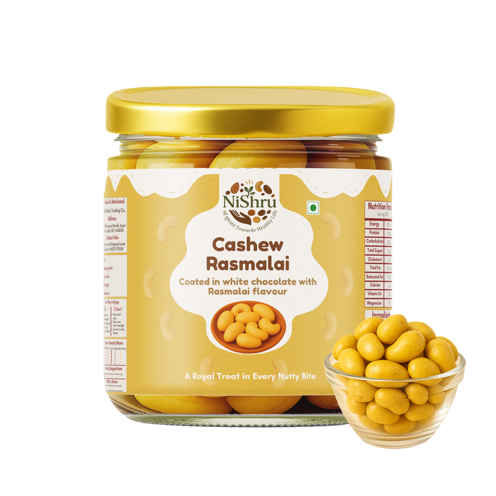 NiShru Cashew Rasmalai – Premium Rasmalai Flavoured Roasted Cashews | Sweet & Creamy Saffron Nut Snack | Chocolate-Coated Crunch