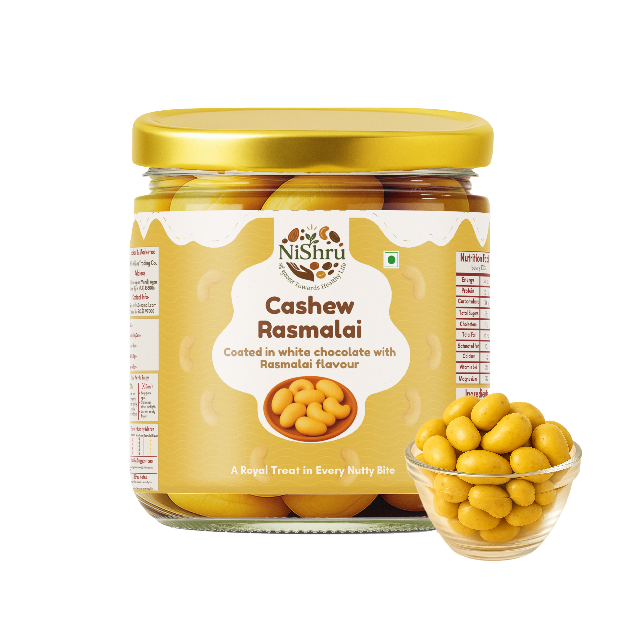 NiShru Cashew Rasmalai – Premium Rasmalai Flavoured Roasted Cashews | Sweet & Creamy Saffron Nut Snack | Chocolate-Coated Crunch