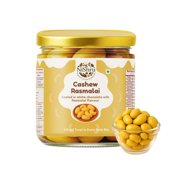 NiShru Cashew Rasmalai – Premium Rasmalai Flavoured Roasted Cashews | Sweet & Creamy Saffron Nut Snack | Chocolate-Coated Crunch
                  loading=