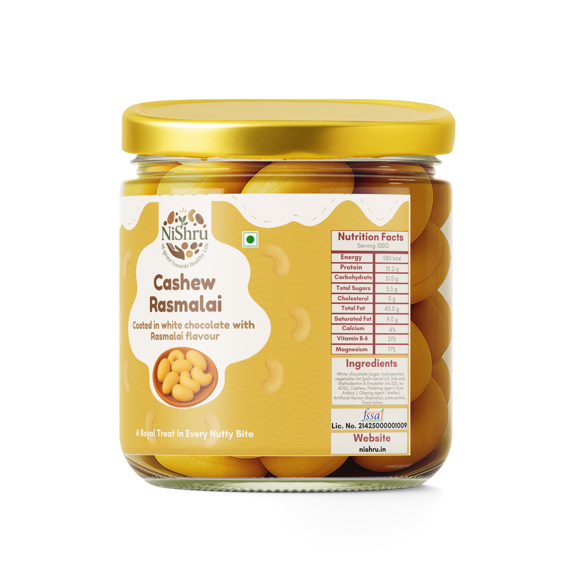 NiShru Cashew Rasmalai – Premium Rasmalai Flavoured Roasted Cashews | Sweet & Creamy Saffron Nut Snack | Chocolate-Coated Crunch