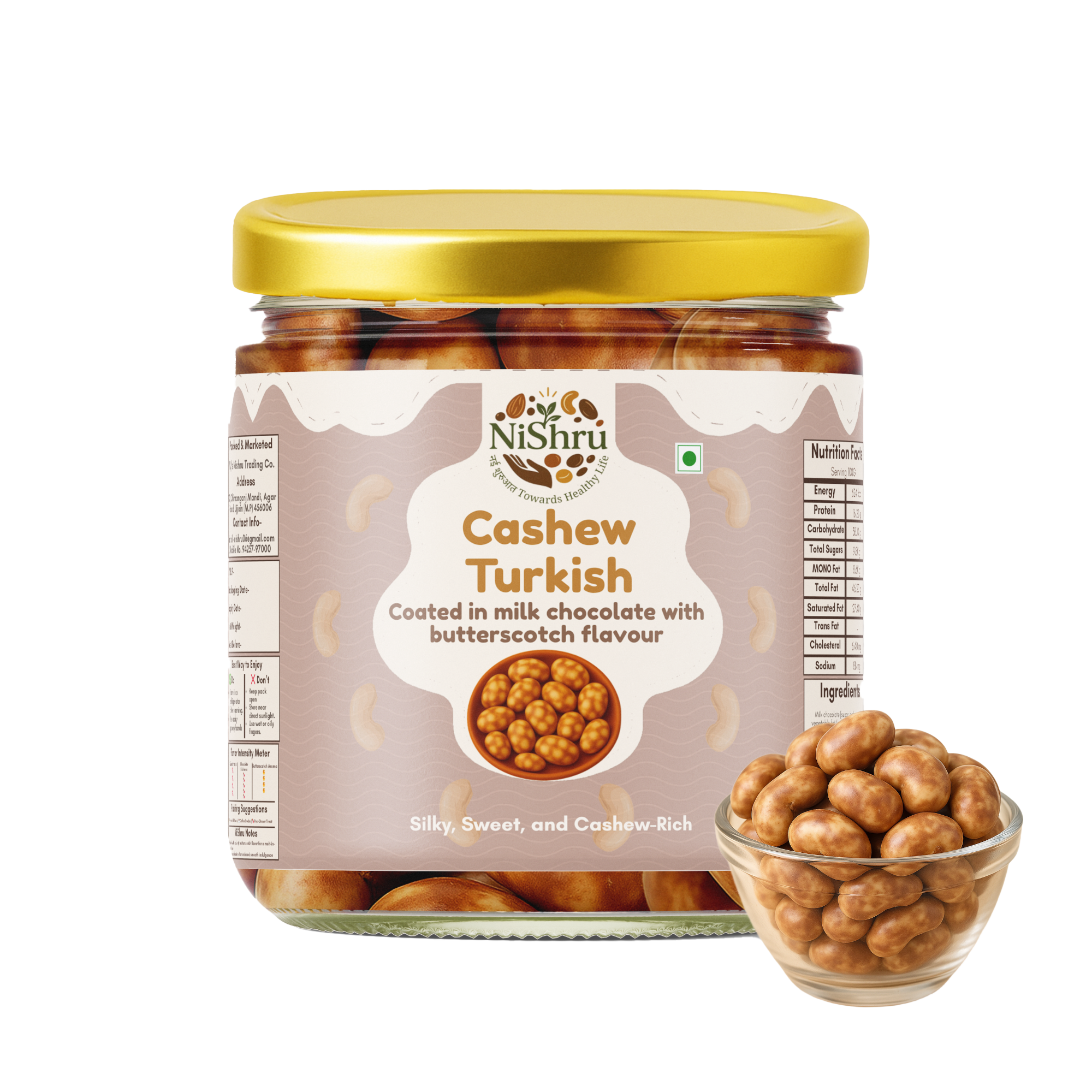 NiShru Cashew Turkish – Chocolate-Coated Premium Roasted Cashews | Exotic Turkish Flavour | Gourmet Crunchy Nut Snack
