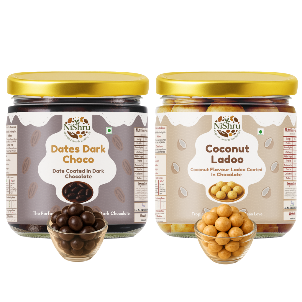 NiShru Coconut Ladoo & Dark Chocolate Dates Filled with Almonds – Premium Festive Sweet Treat Combo | Coconut Filled Ladoo & Almond Stuffed Dates | 150g × 2 (300g Total)
