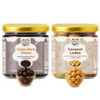 NiShru Coconut Ladoo & Dark Chocolate Dates Filled with Almonds – Premium Festive Sweet Treat Combo | Coconut Filled Ladoo & Almond Stuffed Dates | 150g × 2 (300g Total)