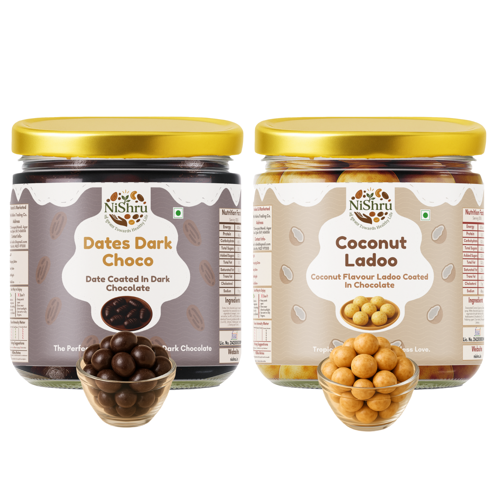 NiShru Coconut Ladoo & Dark Chocolate Dates Filled with Almonds – Premium Festive Sweet Treat Combo | Coconut Filled Ladoo & Almond Stuffed Dates | 150g × 2 (300g Total)