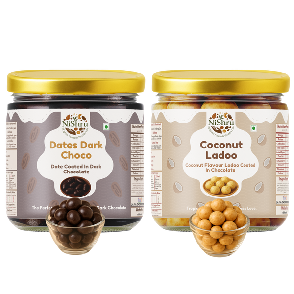 NiShru Coconut Ladoo & Dark Chocolate Dates Filled with Almonds – Premium Festive Sweet Treat Combo | Coconut Filled Ladoo & Almond Stuffed Dates | 150g × 2 (300g Total)
                  loading=