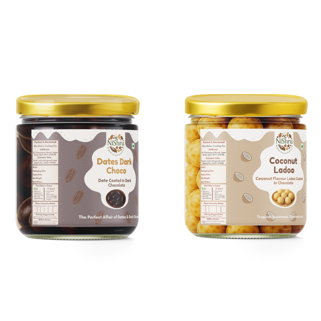 NiShru Coconut Ladoo & Dark Chocolate Dates Filled with Almonds – Premium Festive Sweet Treat Combo | Coconut Filled Ladoo & Almond Stuffed Dates | 150g × 2 (300g Total)
