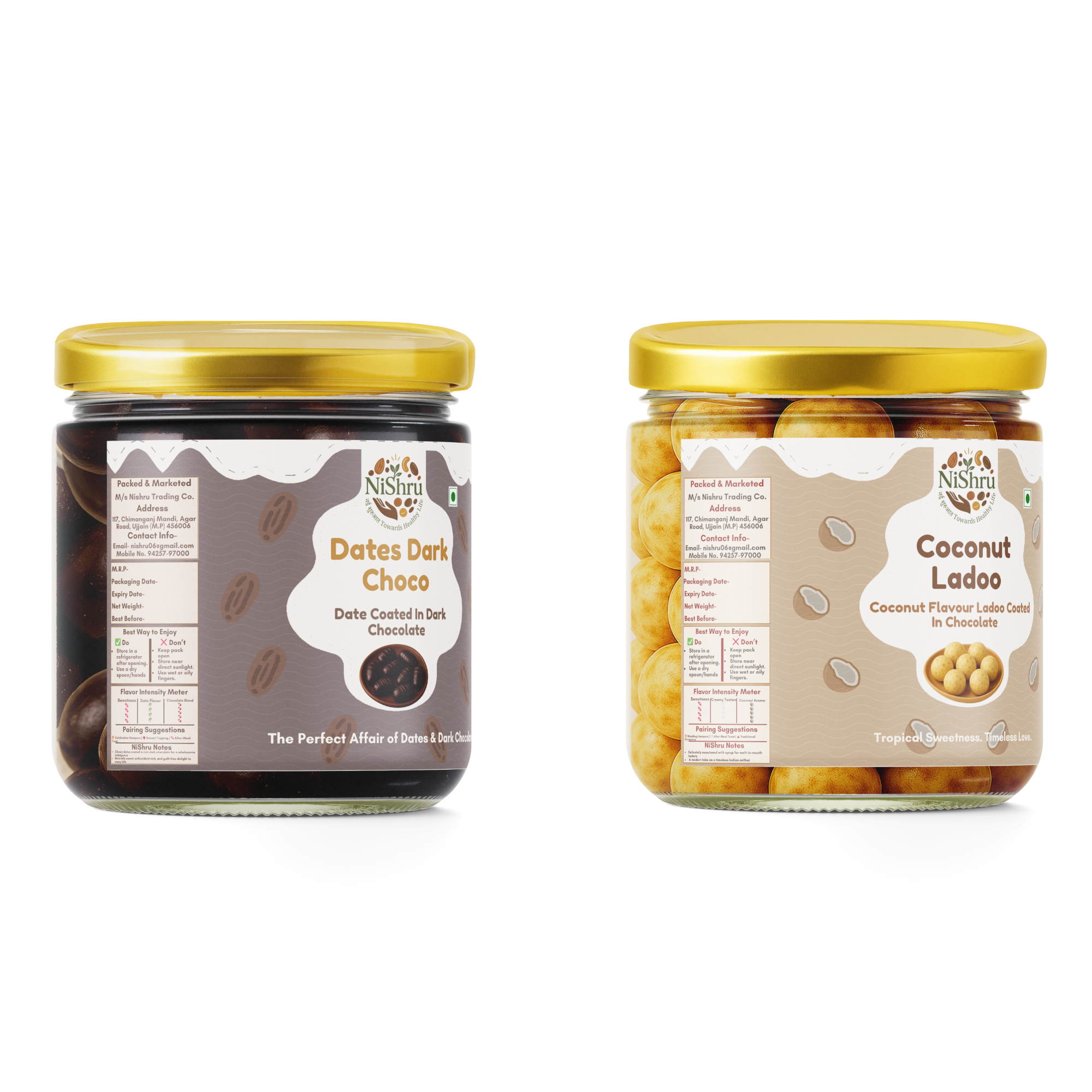 NiShru Coconut Ladoo & Dark Chocolate Dates Filled with Almonds – Premium Festive Sweet Treat Combo | Coconut Filled Ladoo & Almond Stuffed Dates | 150g × 2 (300g Total)