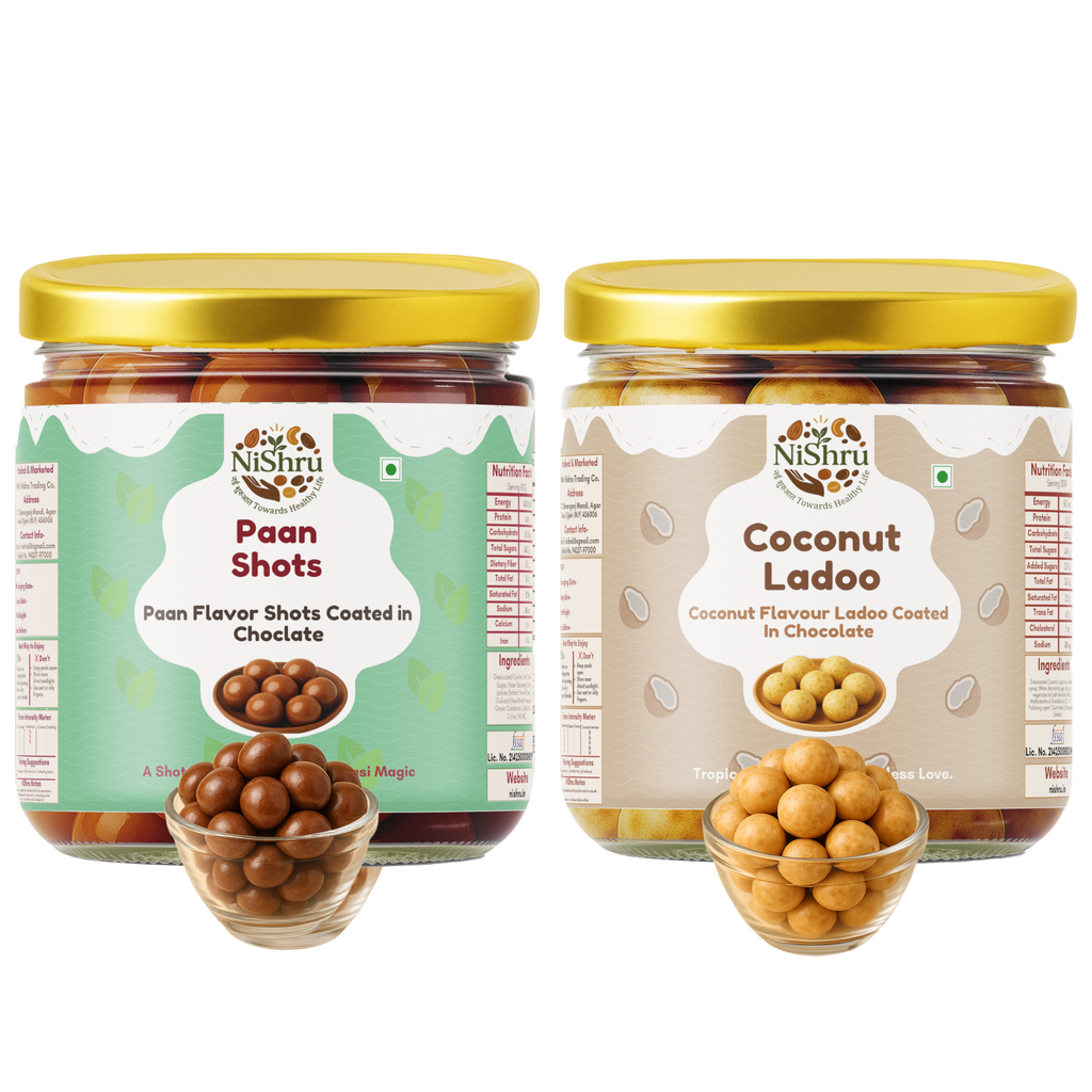 Nishru Coconut Ladoo & Paan Shots Combo | Chocolate Coated Coconut Laddu Mithai & Instant Paan Mouth Freshener | Sweet & Refreshing Indian Sweets & Mukhwas Gift Pack (2 x 150g)
