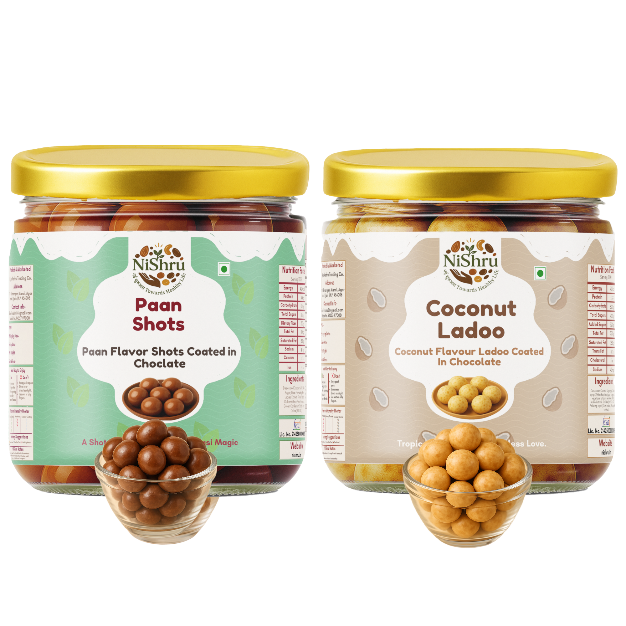 Nishru Coconut Ladoo & Paan Shots Combo | Chocolate Coated Coconut Laddu Mithai & Instant Paan Mouth Freshener | Sweet & Refreshing Indian Sweets & Mukhwas Gift Pack (2 x 150g)