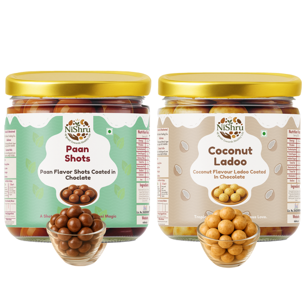 Nishru Coconut Ladoo & Paan Shots Combo | Chocolate Coated Coconut Laddu Mithai & Instant Paan Mouth Freshener | Sweet & Refreshing Indian Sweets & Mukhwas Gift Pack (2 x 150g)
                  loading=