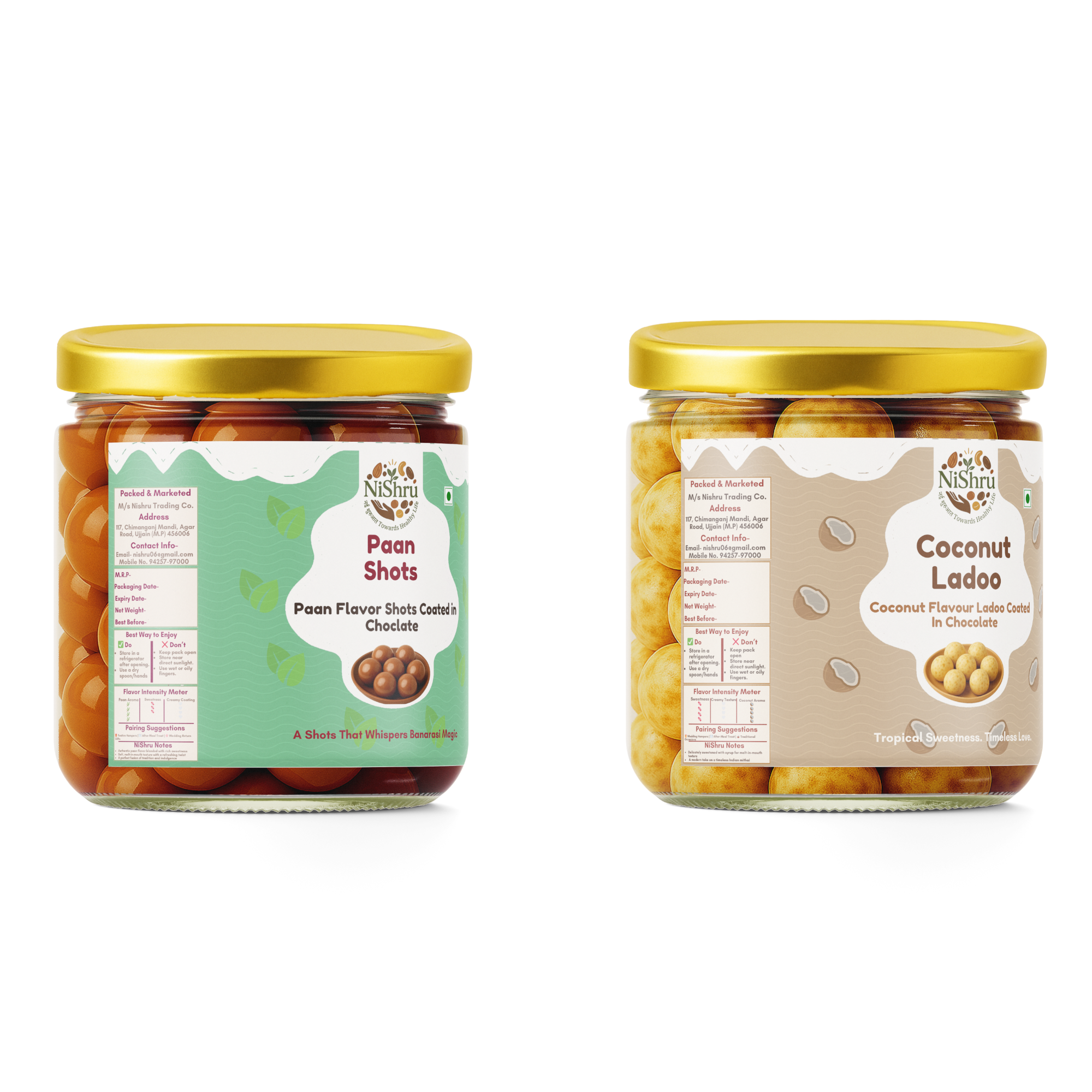 Nishru Coconut Ladoo & Paan Shots Combo | Chocolate Coated Coconut Laddu Mithai & Instant Paan Mouth Freshener | Sweet & Refreshing Indian Sweets & Mukhwas Gift Pack (2 x 150g)