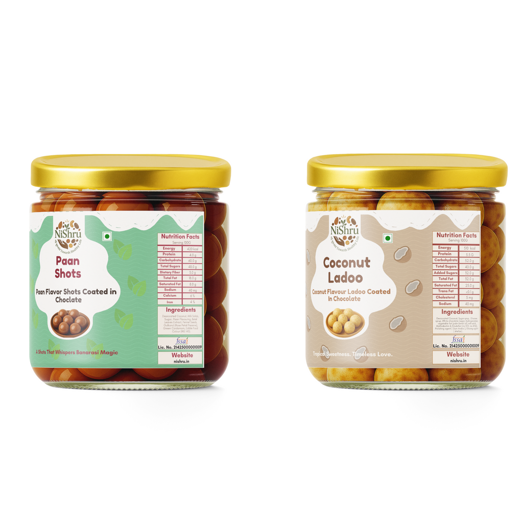 Nishru Coconut Ladoo & Paan Shots Combo | Chocolate Coated Coconut Laddu Mithai & Instant Paan Mouth Freshener | Sweet & Refreshing Indian Sweets & Mukhwas Gift Pack (2 x 150g)