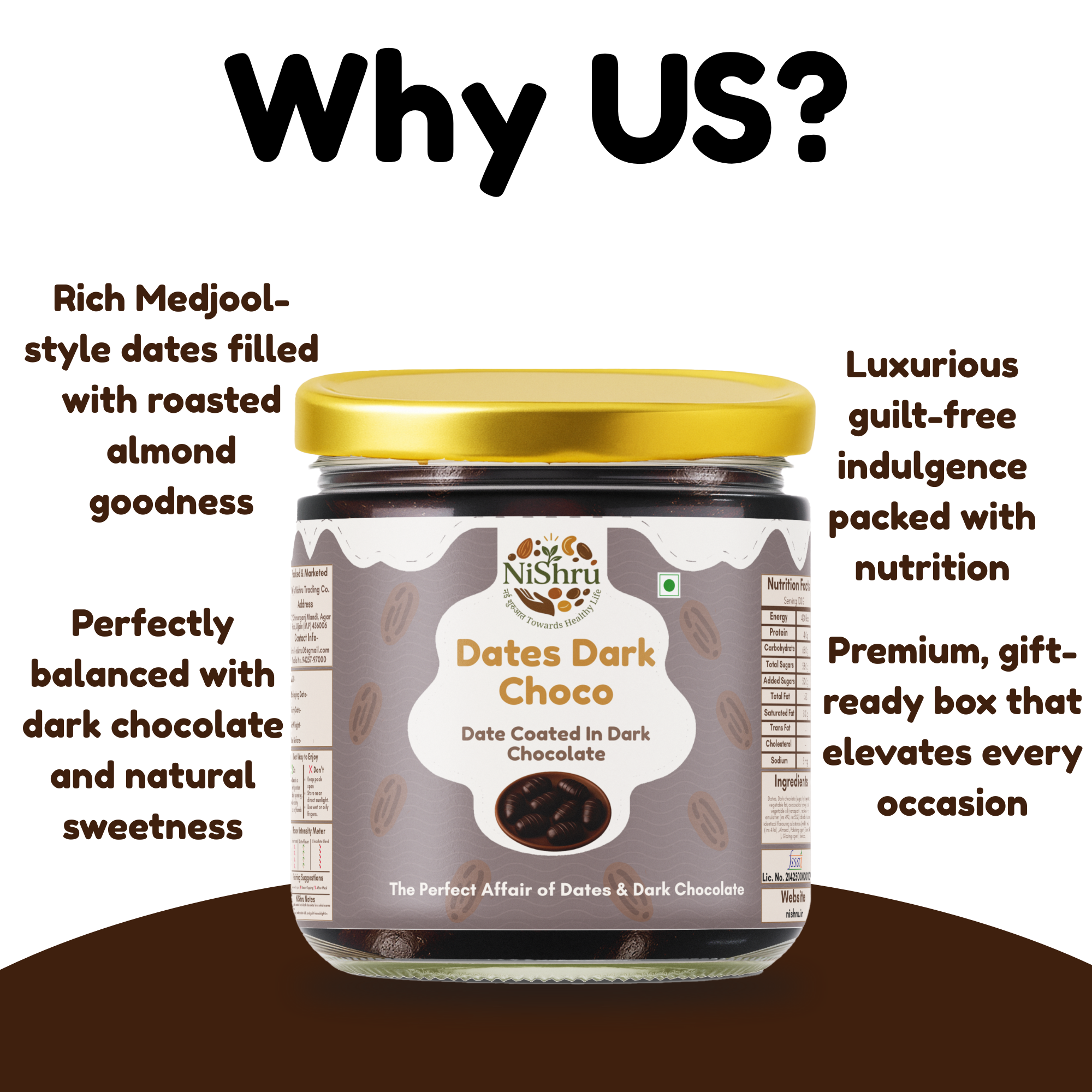 NISHRU Dates Dark Choco with Almonds - dark chocolate dates with almond | Dates Coated in Rich Dark Chocolate | Healthy Energy Snack, Naturally Sweet, No Refined Sugar, Guilt-Free Indulgence & Perfect Gifting