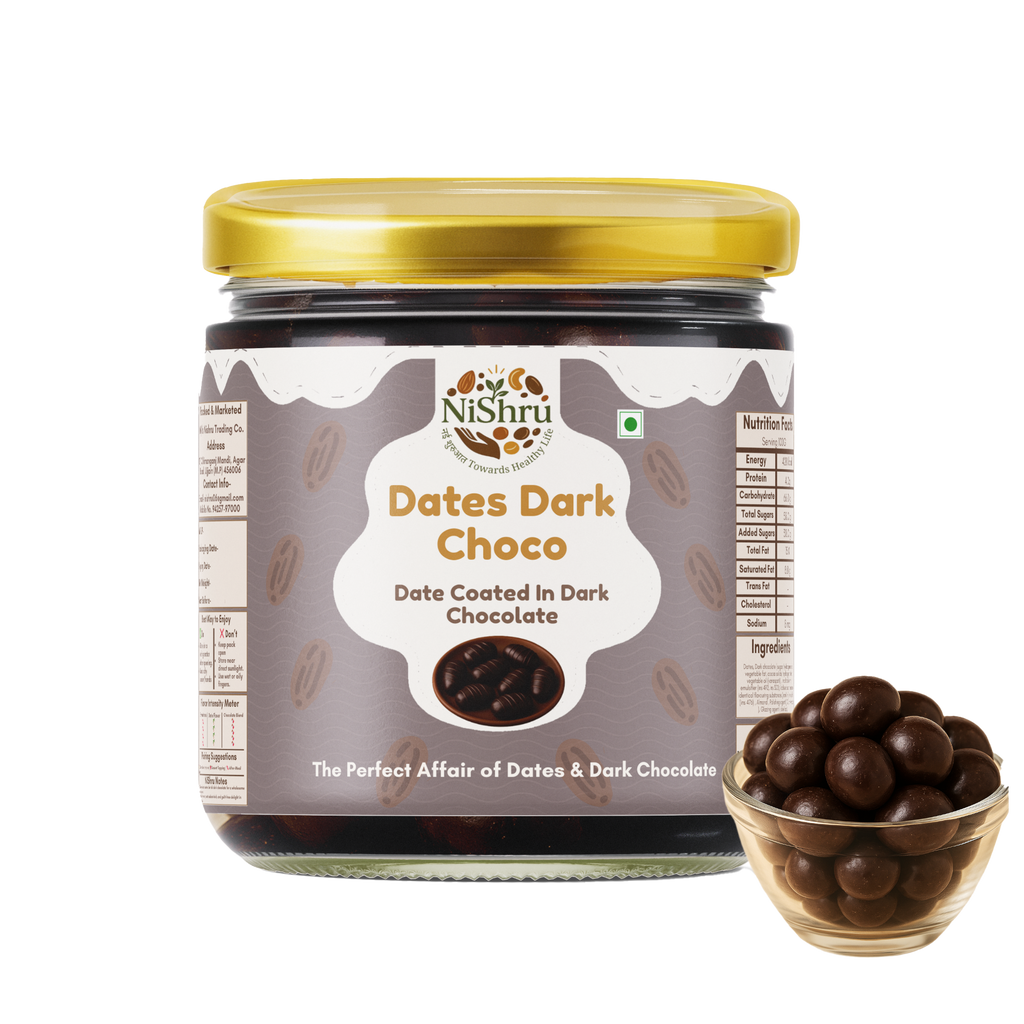 NISHRU Dates Dark Choco with Almonds - dark chocolate dates with almond | Dates Coated in Rich Dark Chocolate | Healthy Energy Snack, Naturally Sweet, No Refined Sugar, Guilt-Free Indulgence & Perfect Gifting