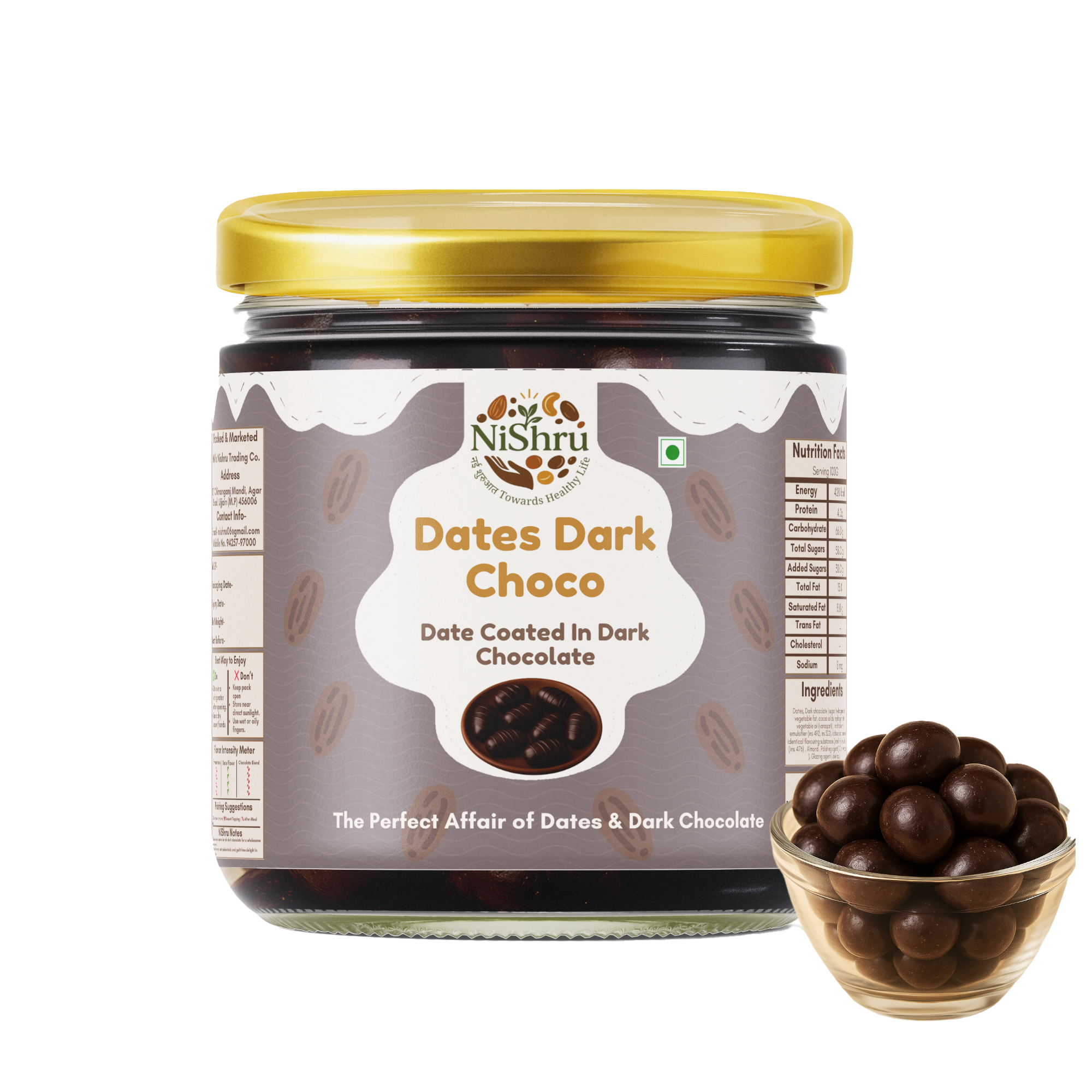 NISHRU Dates Dark Choco with Almonds - dark chocolate dates with almond | Dates Coated in Rich Dark Chocolate | Healthy Energy Snack, Naturally Sweet, No Refined Sugar, Guilt-Free Indulgence & Perfect Gifting