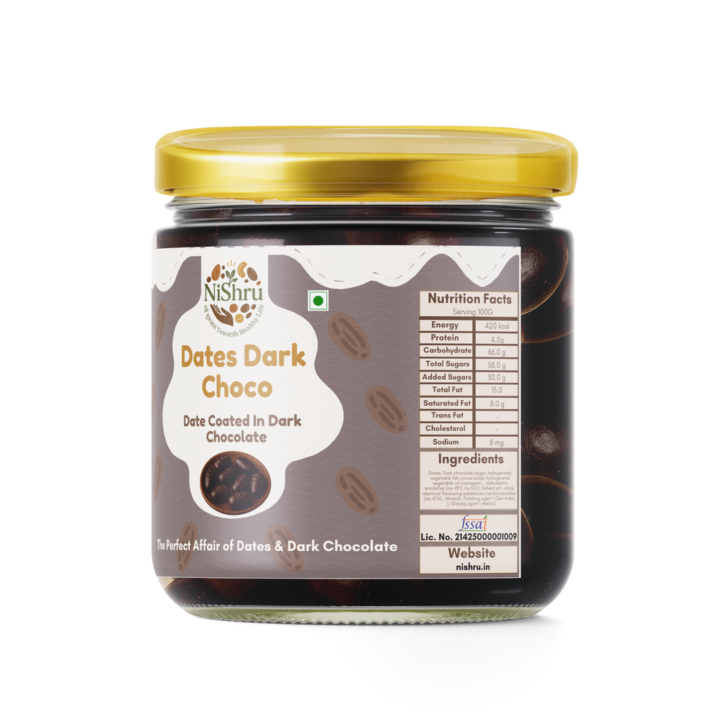 NISHRU Dates Dark Choco with Almonds - dark chocolate dates with almond | Dates Coated in Rich Dark Chocolate | Healthy Energy Snack, Naturally Sweet, No Refined Sugar, Guilt-Free Indulgence & Perfect Gifting
