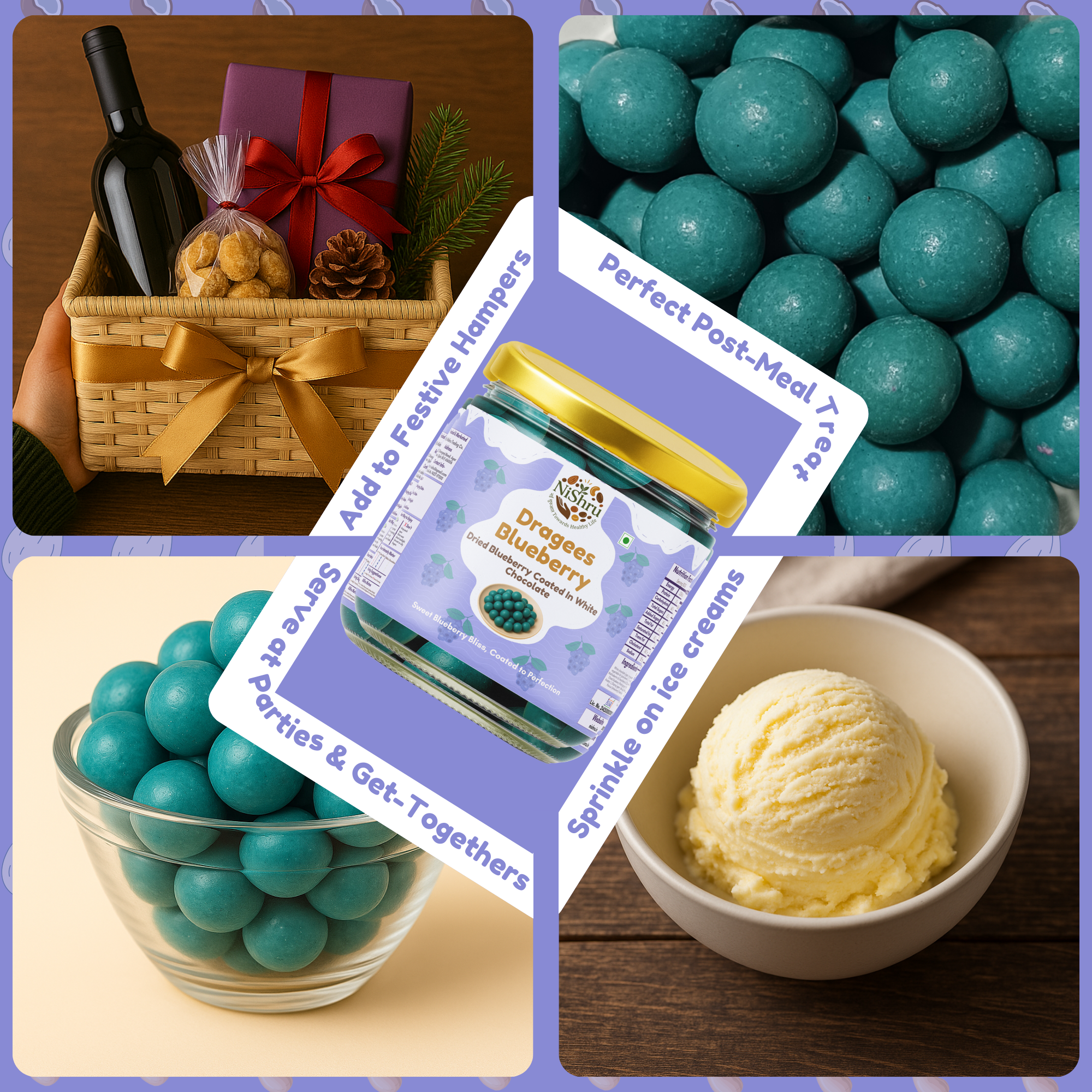 NiShru Dragees Blueberry – Chocolate Coated Blueberry Balls | Sweet Crunchy Dragee Snack | Premium Gift Treat