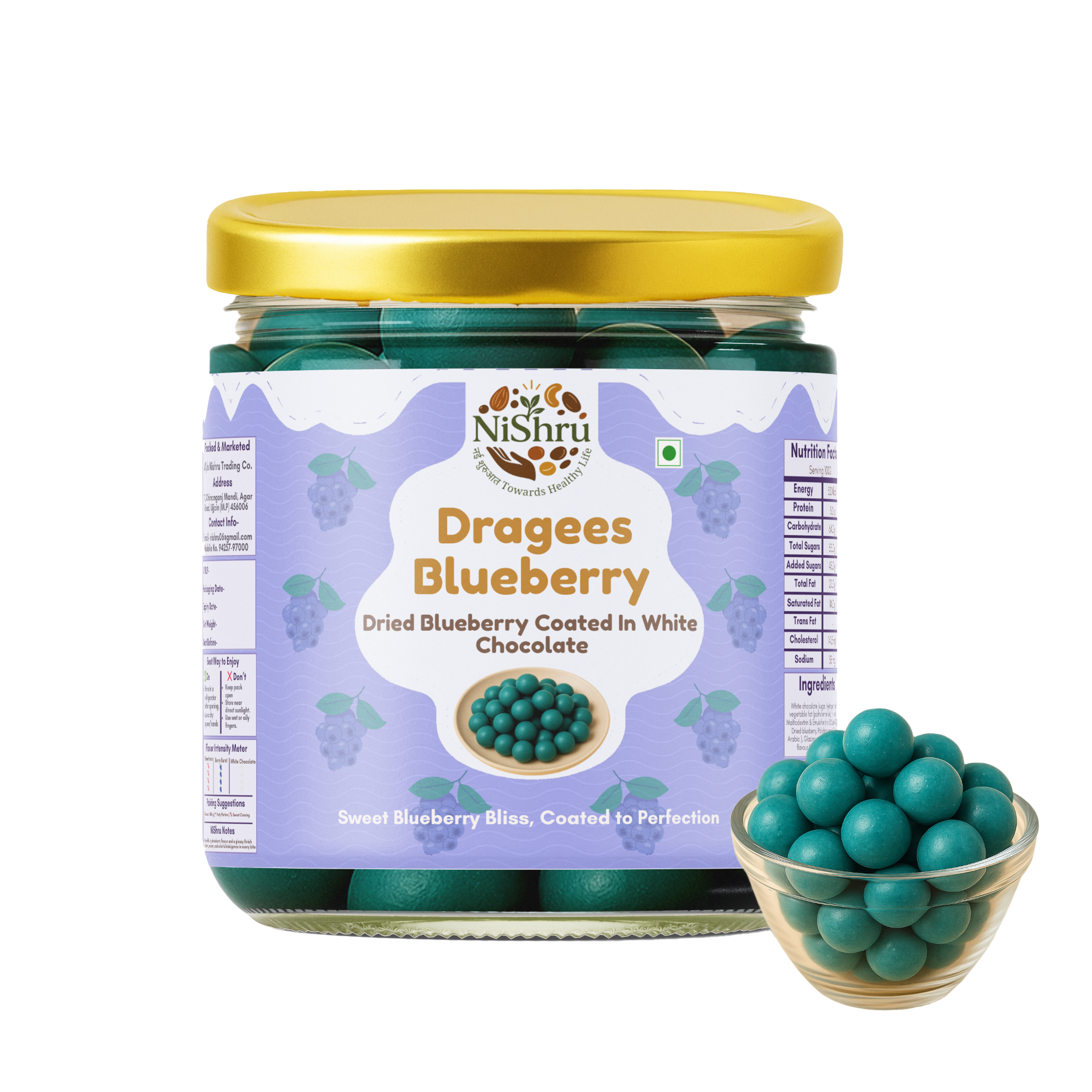 NiShru Dragees Blueberry – Chocolate Coated Blueberry Balls | Sweet Crunchy Dragee Snack | Premium Gift Treat