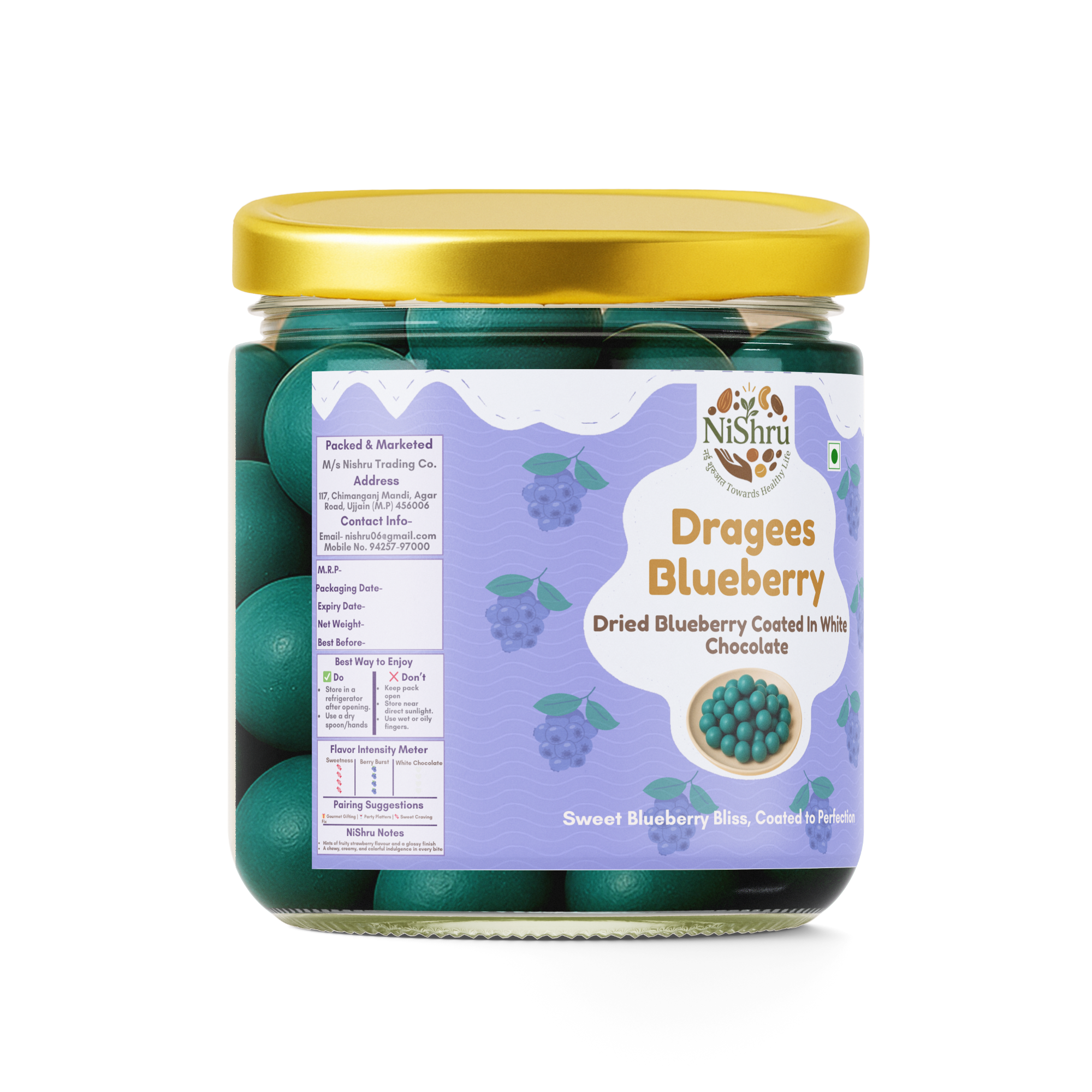 NiShru Dragees Blueberry – Chocolate Coated Blueberry Balls | Sweet Crunchy Dragee Snack | Premium Gift Treat