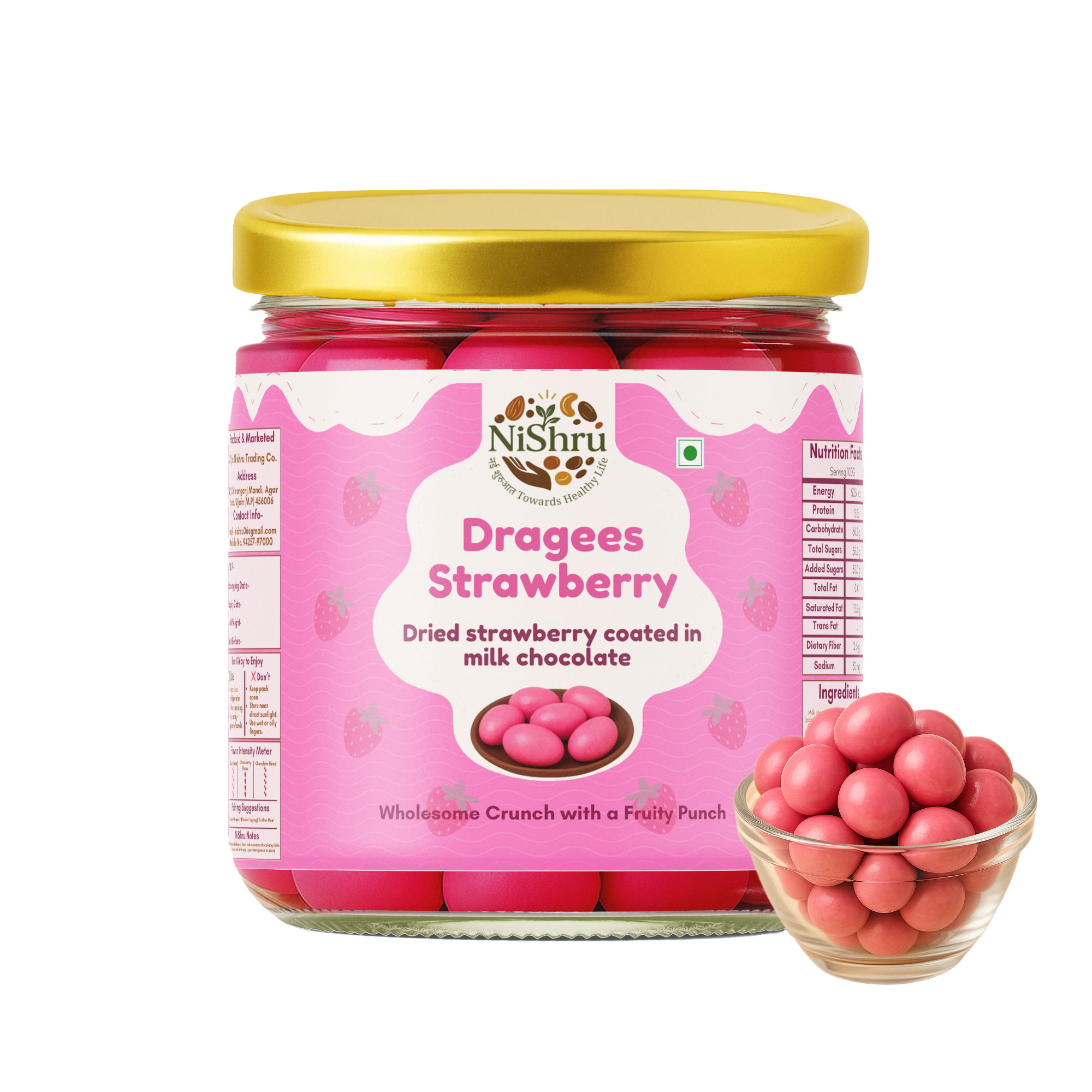 NISHRU Dragees Strawberry – Dried Strawberries Coated in Milk & White Chocolate | Sweet, Fruity & Creamy Chocolate Dragees | Gifting & Snacking Treat
