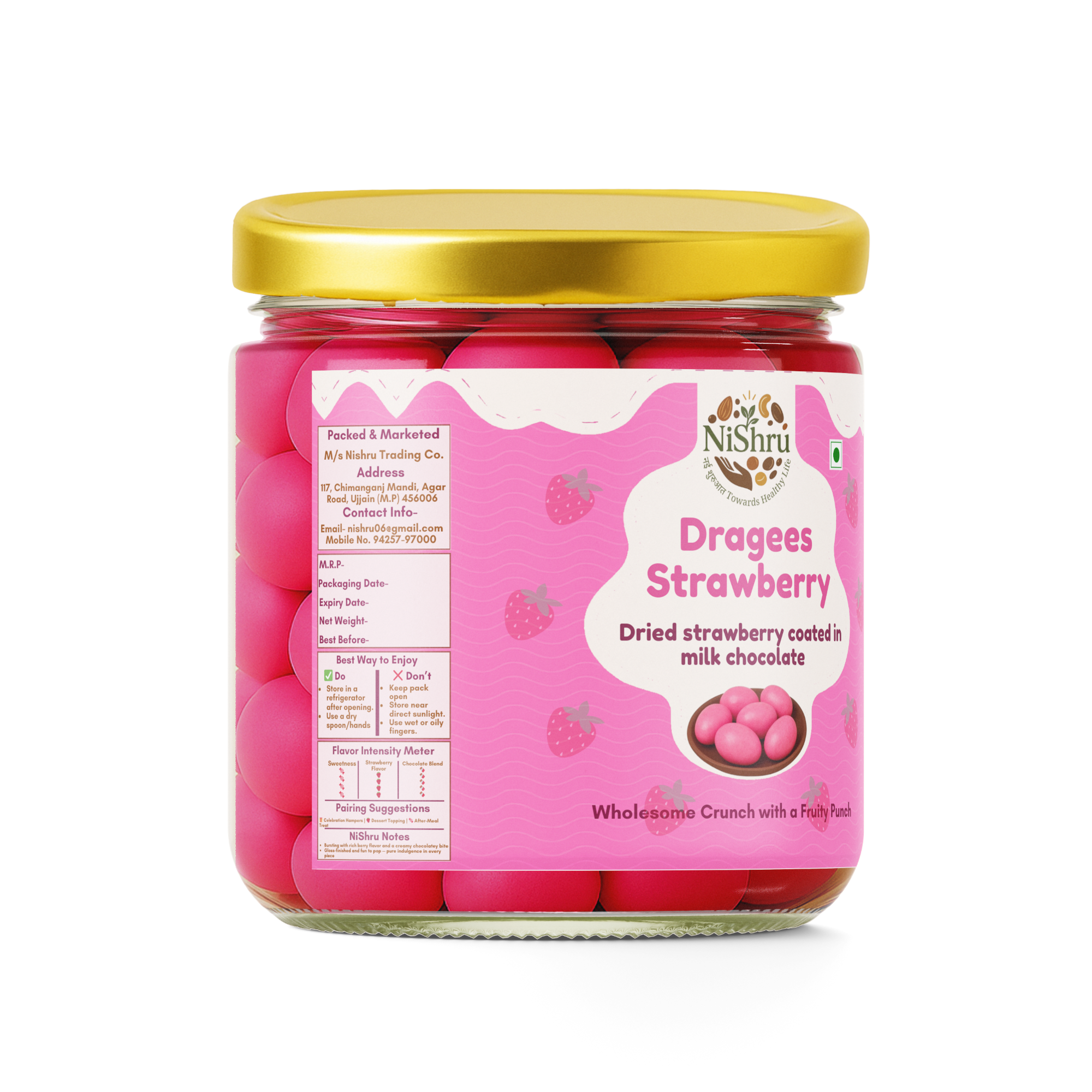 NISHRU Dragees Strawberry – Dried Strawberries Coated in Milk & White Chocolate | Sweet, Fruity & Creamy Chocolate Dragees | Gifting & Snacking Treat