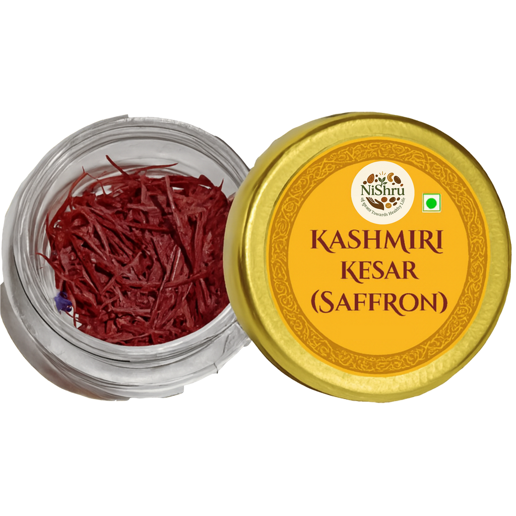 Nishru Pure Kashmiri Saffron | Grade-A Mongra Kesar Threads | Natural Kumkuma Puvvu for Pregnancy Milk, Pooja, Cooking, Biryani, Kahwa & Skin Care | Rich Aroma, Color & Flavor