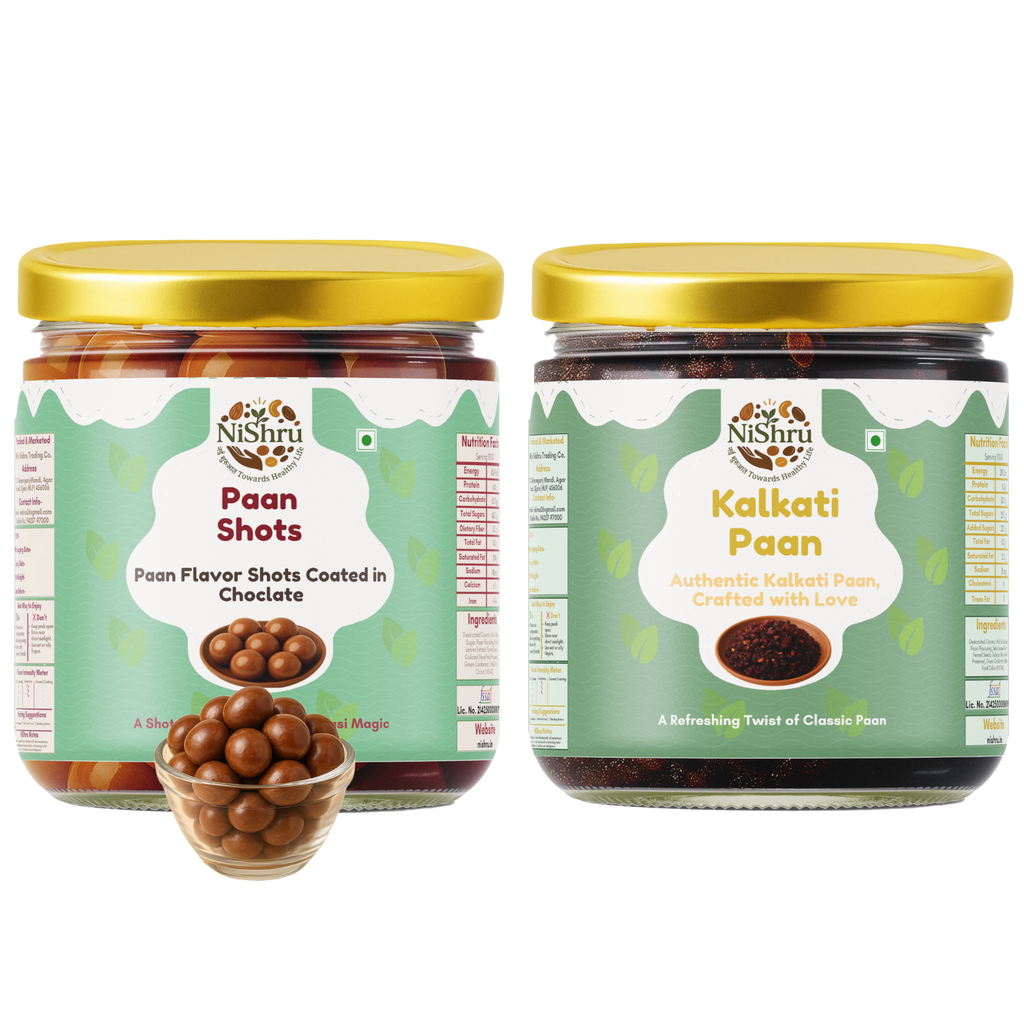 NISHRU Paan Shots & Kalkati Paan Combo | Authentic Betel Leaf Mouth Freshener with Gulkand, Fennel & Rose Essence | Sweet & Refreshing Mukhwas Digestive After-Meal Treat | Festive Gift Pack (2 x 150g)
